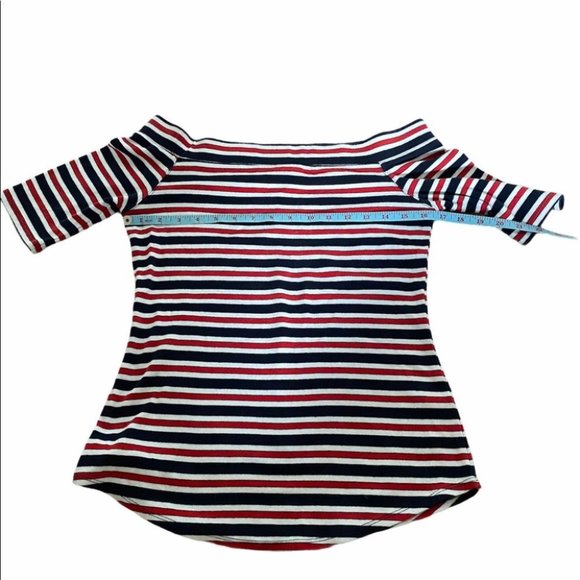 KAREN KANE Off Shoulder Red White  Blue Striped Contouring Normcore Top S - Picture 6 of 10